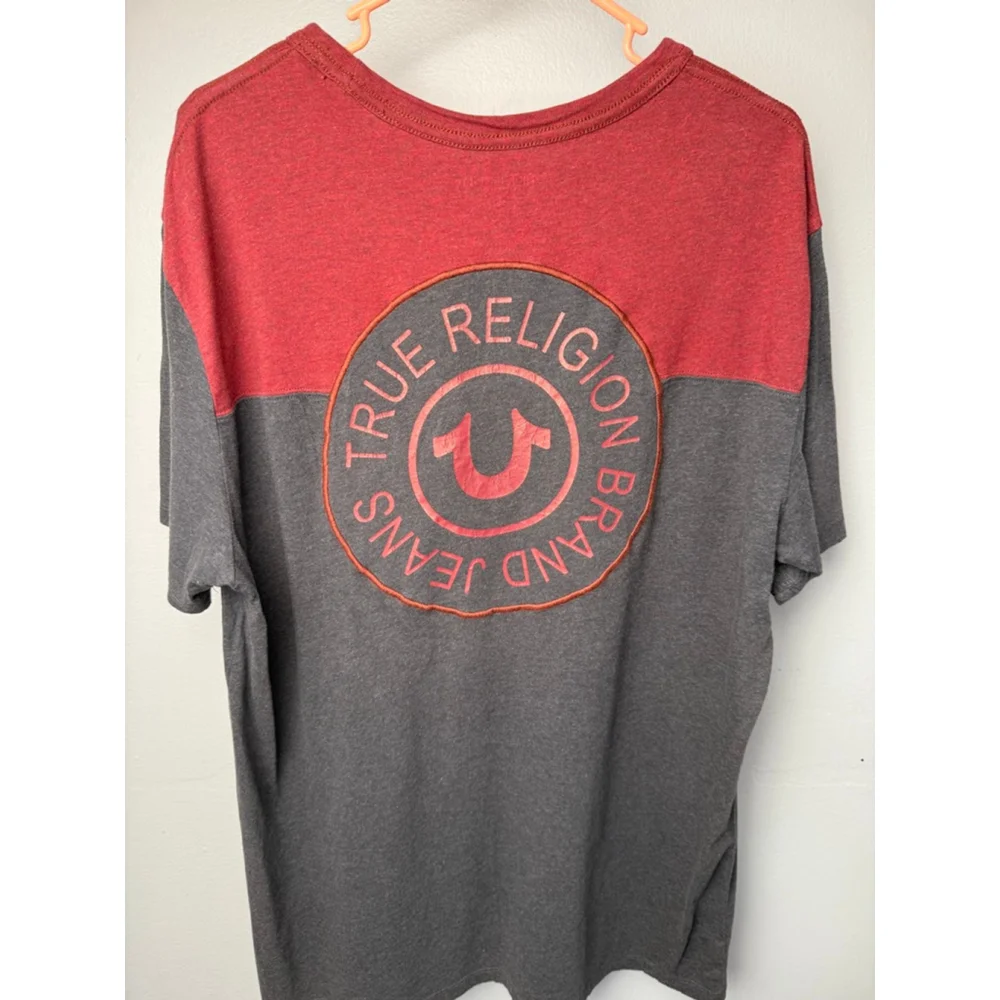Men's True Religion Red Grey Colorblock Short Sleeve Tee Shirt XXL